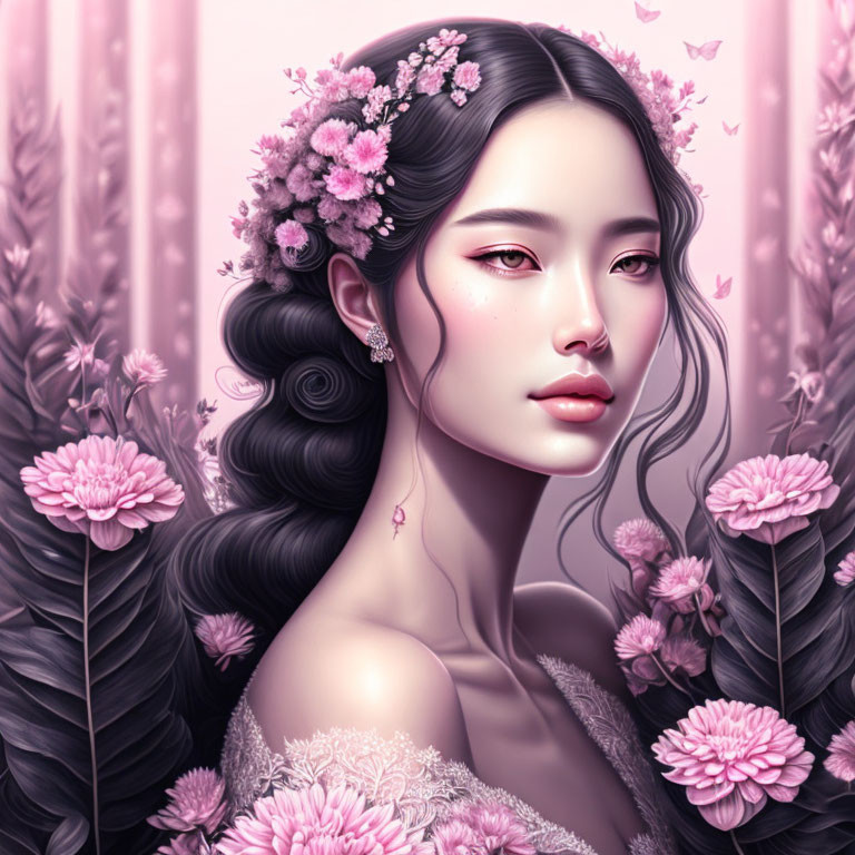 Digital Artwork: Woman with Flowers in Hair Surrounded by Pink Blossoms