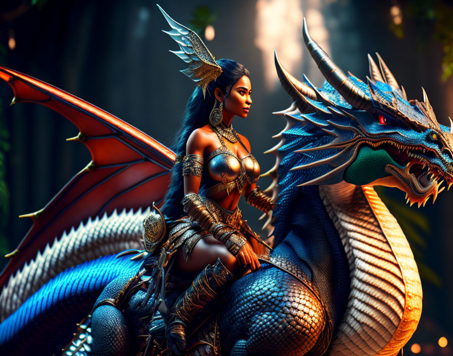 Fantasy warrior woman riding blue dragon in mystical forest