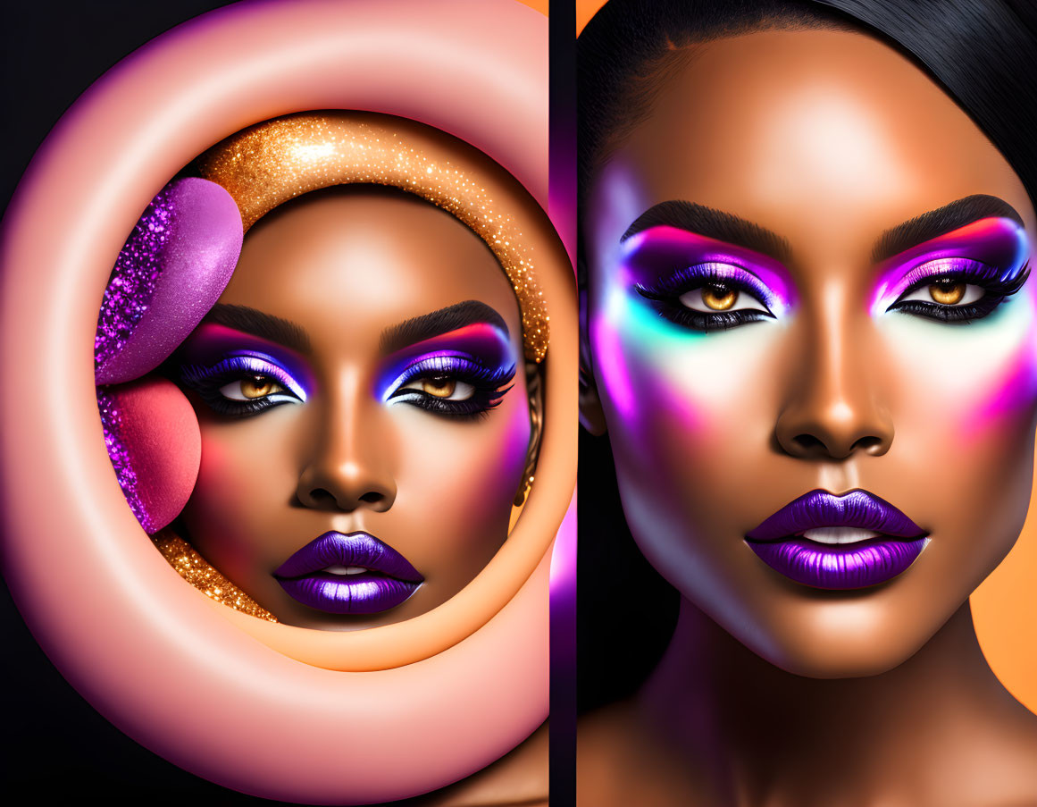 Colorful digital artwork of a woman with glittery makeup and neon contours