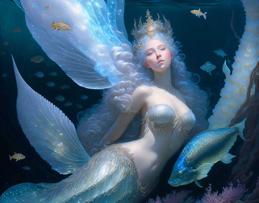 Ethereal underwater scene with a mermaid queen, golden crown, fish, coral, shimmering