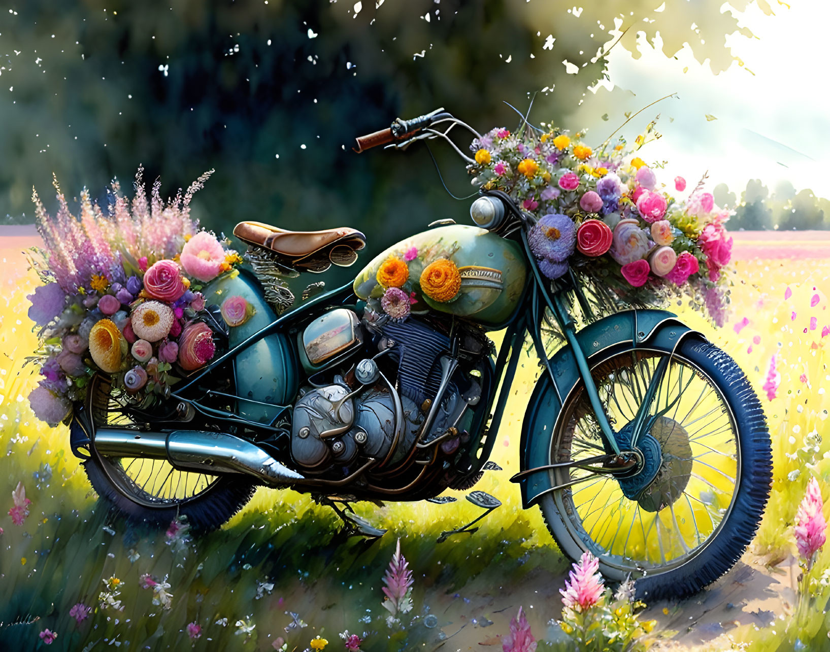 Vintage Motorcycle Decorated with Vibrant Flowers in Picturesque Field