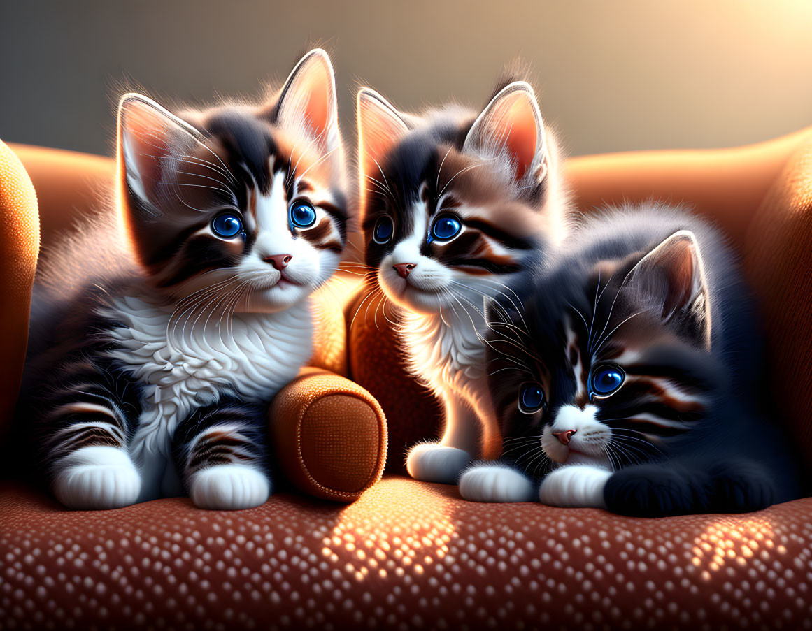 Three kittens with blue eyes on orange couch with ball