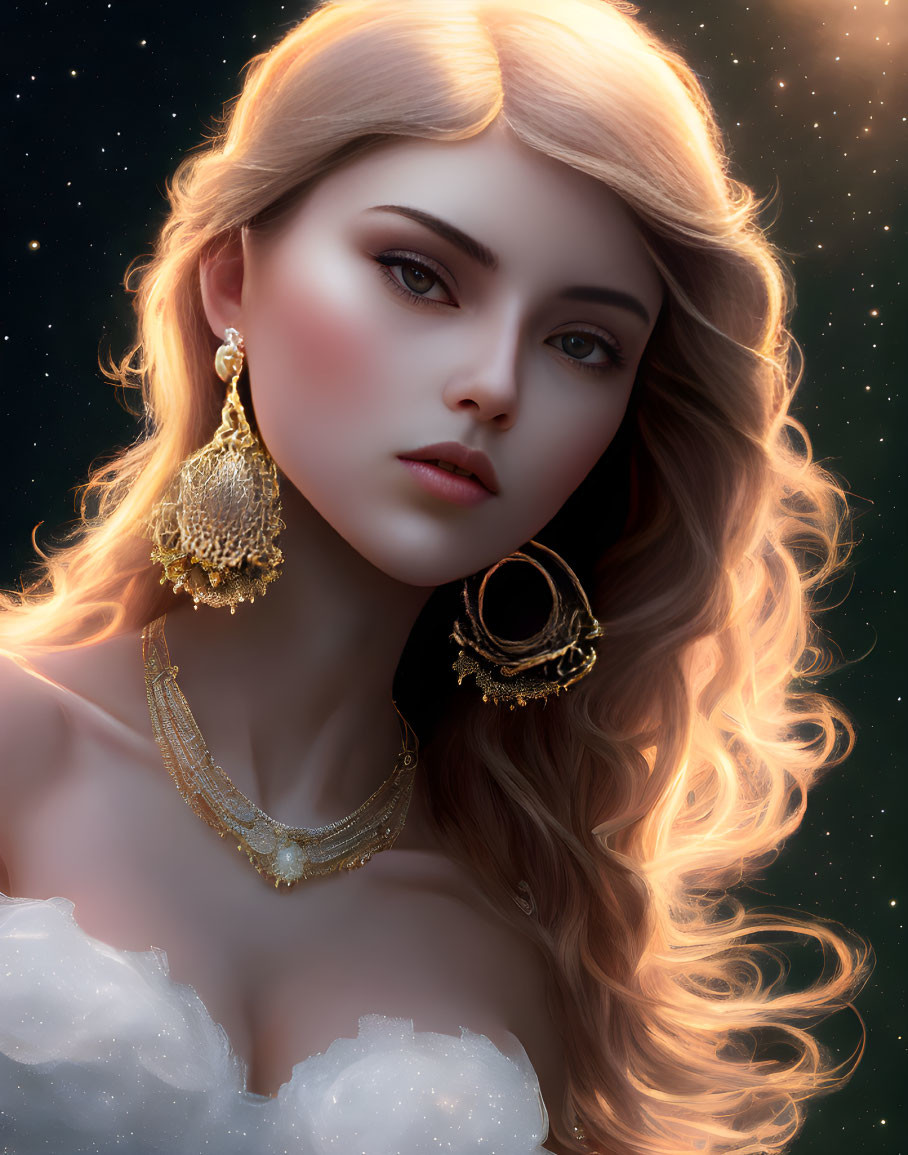 Blonde Woman in Gold Jewelry on Starry Background