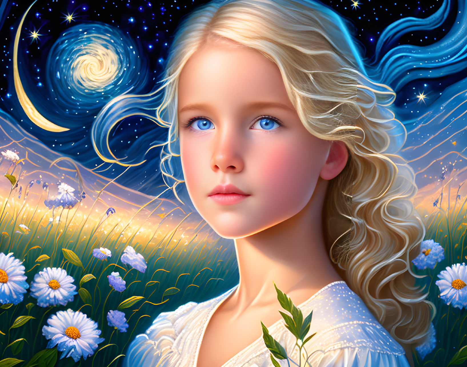 Blond-Haired Girl in Starry Van Gogh Landscape