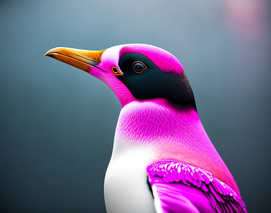 Colorful bird with pink and purple plumage, black head, and orange beak on soft-focus