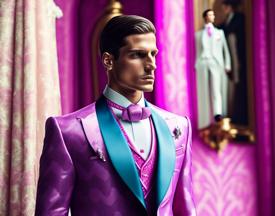 Stylish Purple Suit Mannequin in Fancy Room with Pink Curtains