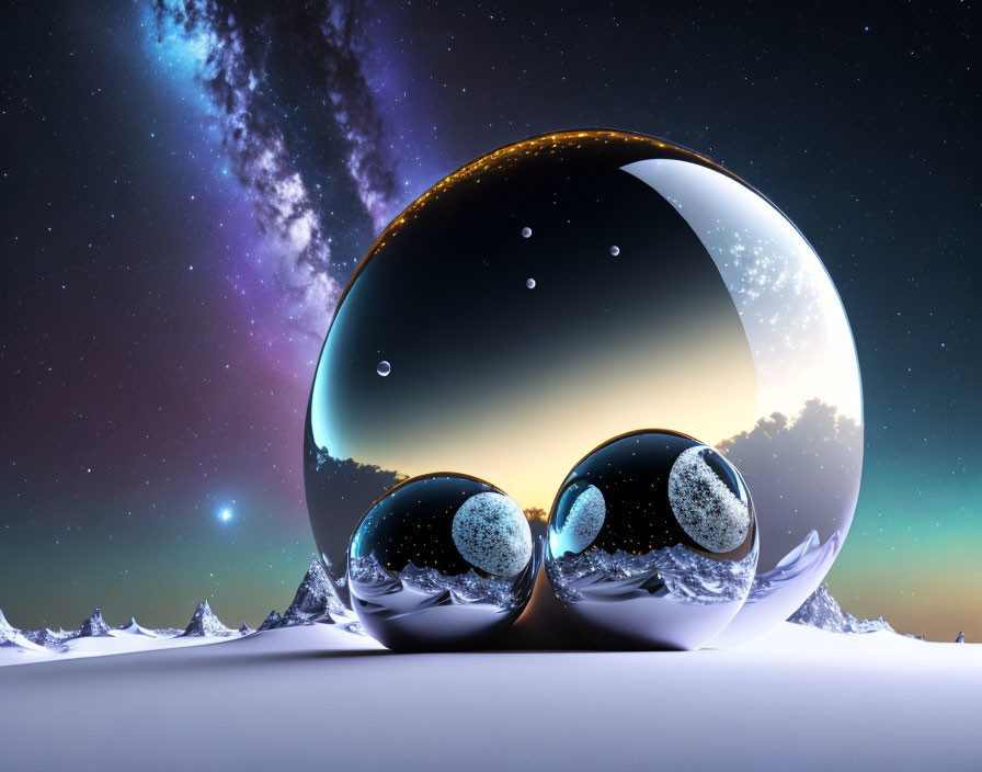 Reflective spheres on snowy twilight landscape with cosmic background