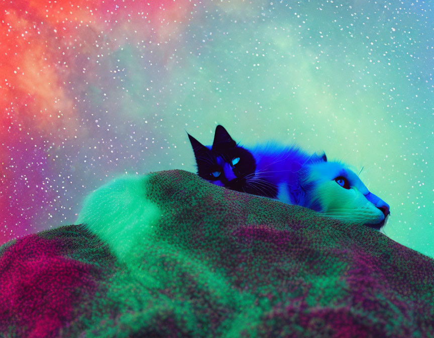 Vibrant cosmic background with two cats on textured blanket