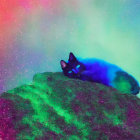 Vibrant cosmic background with two cats on textured blanket