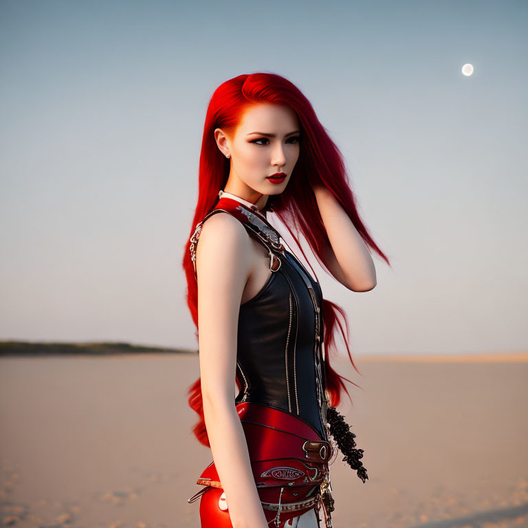 Red-haired woman in black leather outfit on sandy shore under dusk sky with crescent moon.