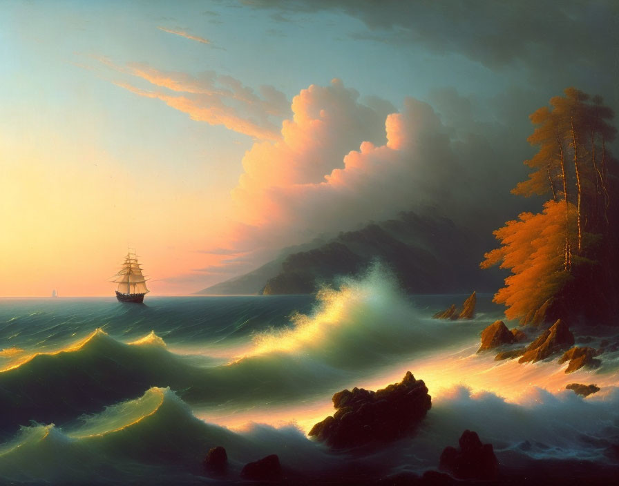 Dramatic seascape with crashing waves, ship, sunset, and autumn trees