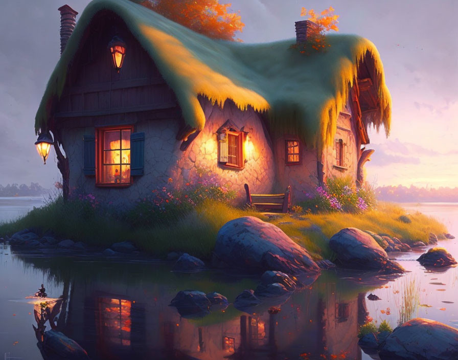 Thatched roof cottage by calm lake at dusk