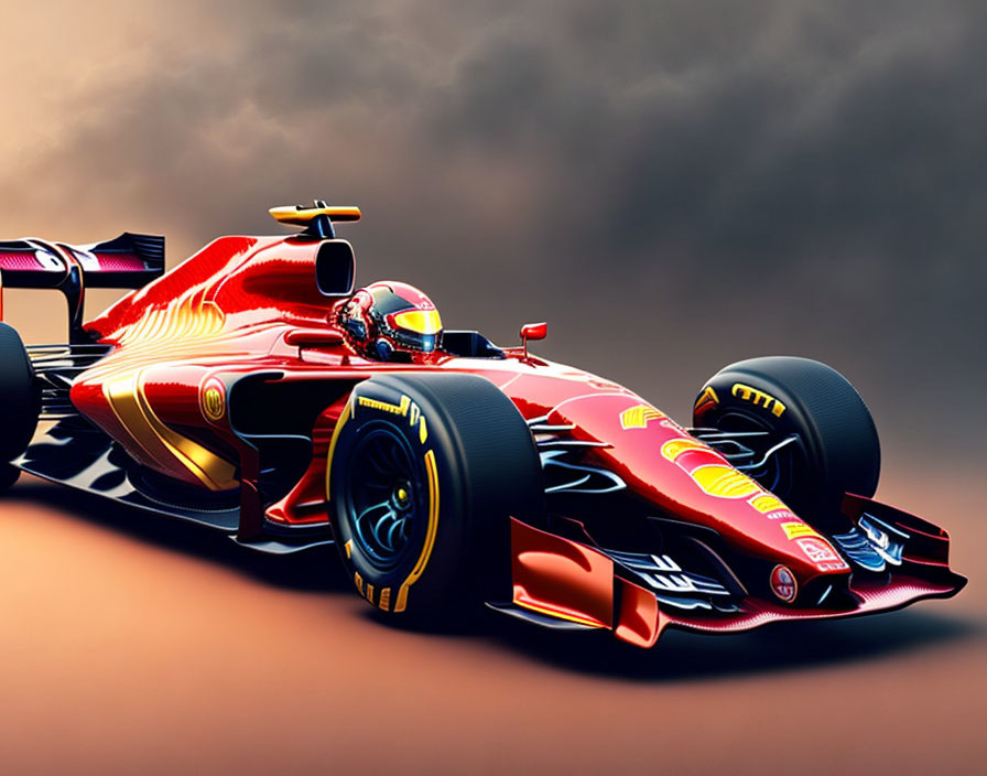 Red and Yellow Formula 1 Race Car with Driver Against Dramatic Cloudy Sky