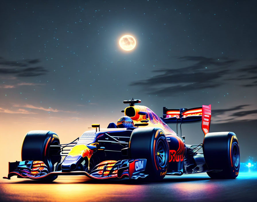 Red Bull Formula 1 car under twilight sky with moon and clouds