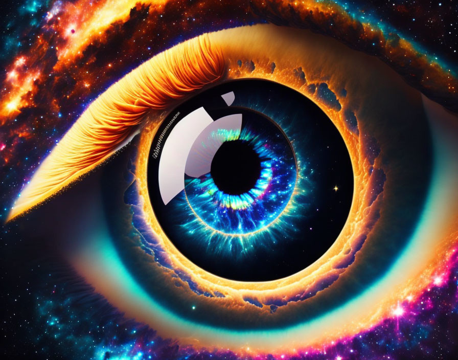 Surreal human eye with cosmic galaxy overlay in vibrant colors