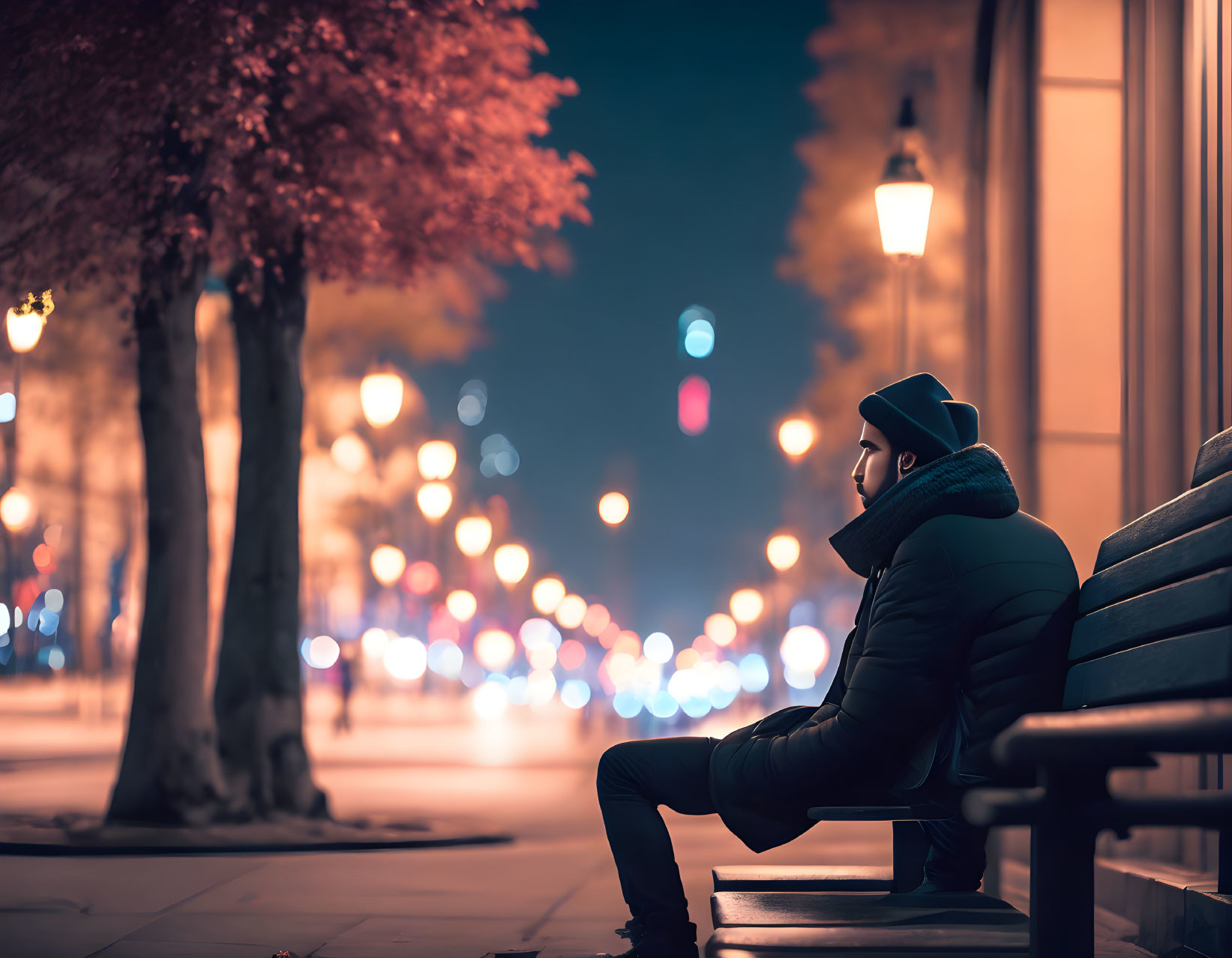 Night scene: Person on bench under glowing streetlamp, colorful bokeh lights.