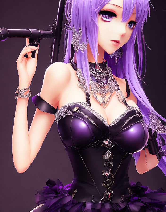 Digital Illustration of Female Character with Purple Hair and Gothic Outfit