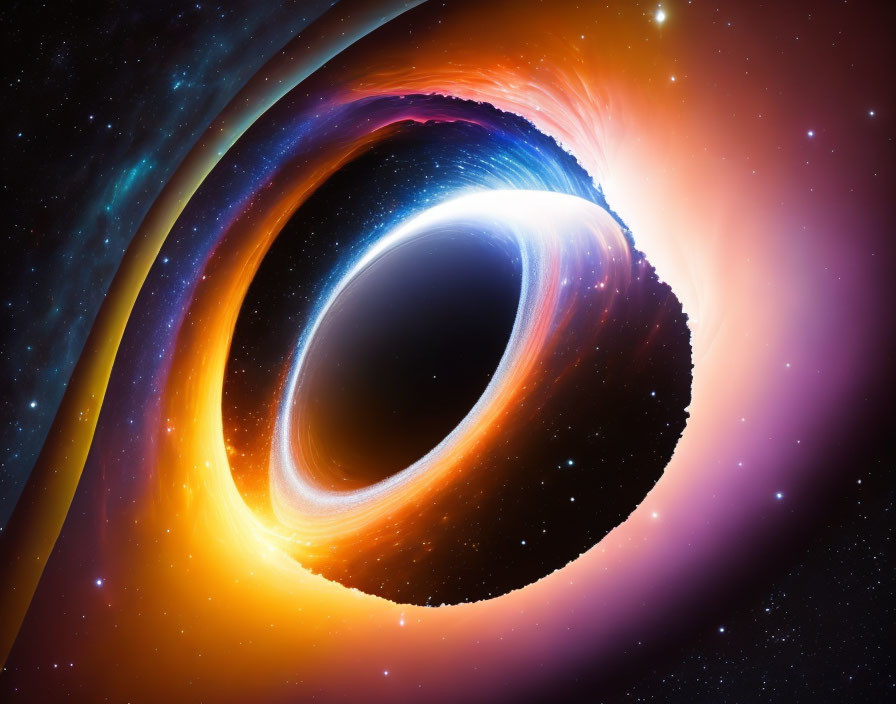 Colorful depiction of swirling black hole with cosmic background