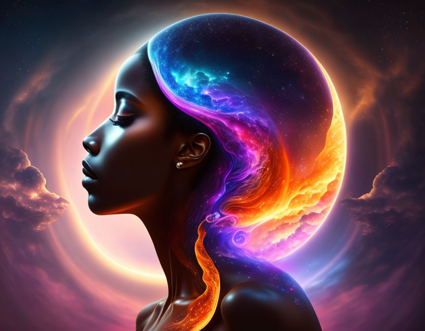 Surreal woman's profile merging with universe and celestial elements