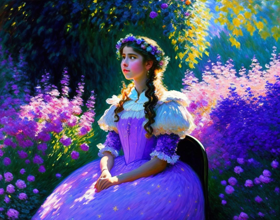 Woman in purple vintage dress surrounded by vibrant flowers and sunlight