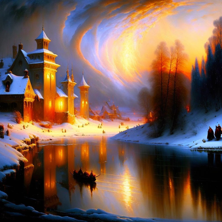 Fantasy Winter Scene: Glowing Castle, River, Figures in Boat, Luminous Sky