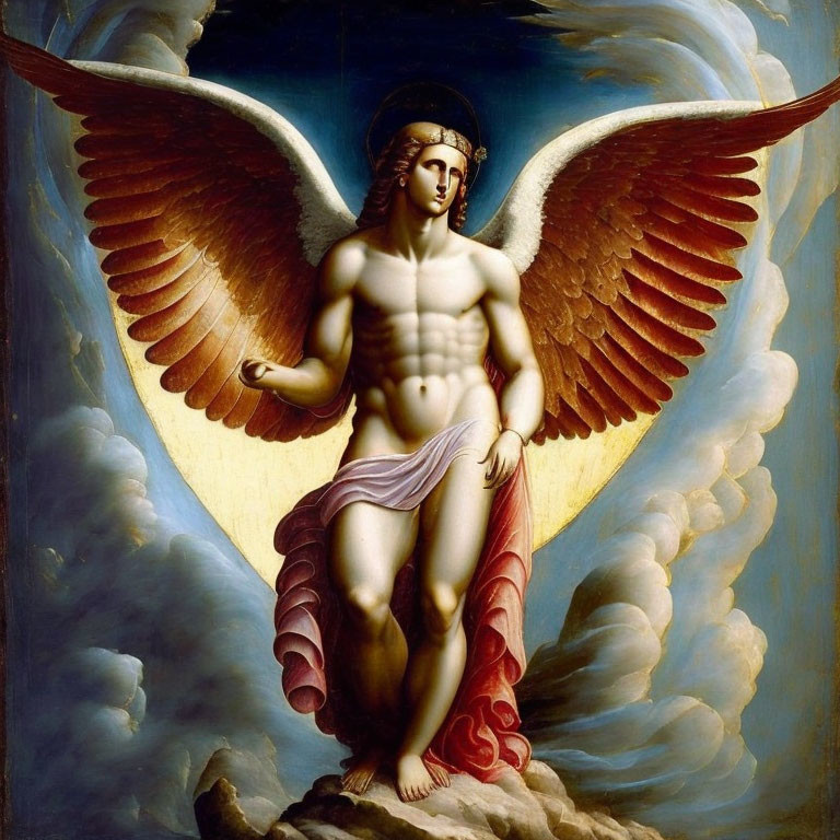 Classical painting of angel with broad wings and halo on cloud