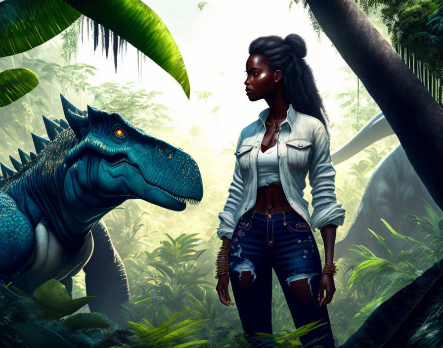 Confident woman with blue velociraptor in prehistoric jungle