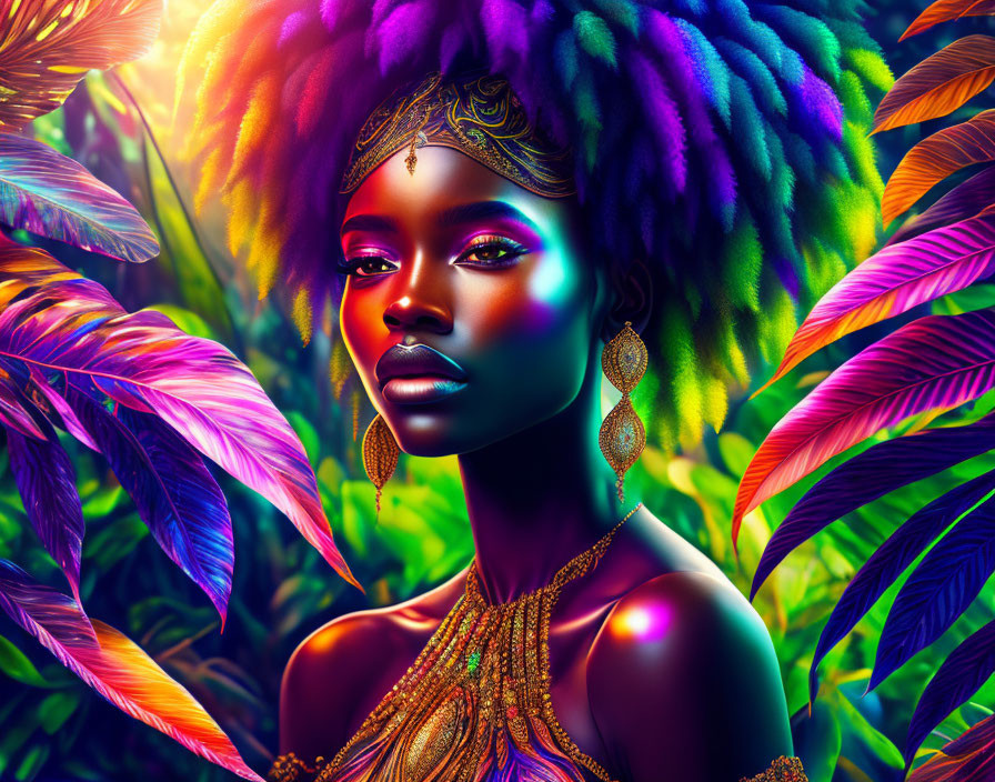 Colorful portrait of a woman with vibrant makeup in lush tropical setting