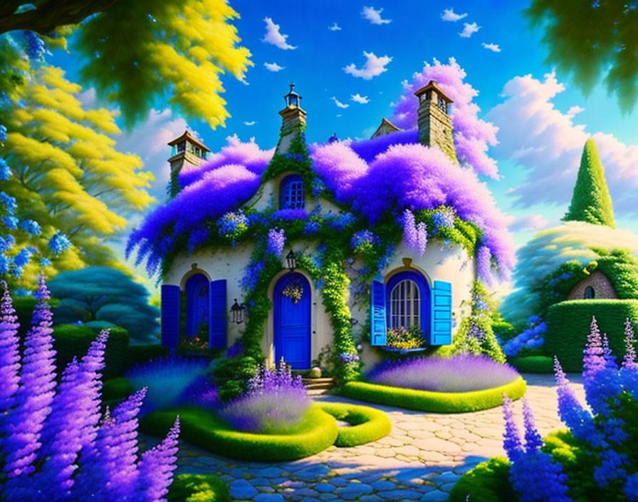 Colorful fairytale cottage in lush floral landscape under blue sky