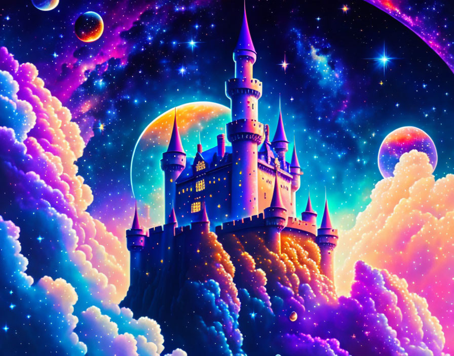 Fantasy castle with spires on clouds under starry sky at twilight