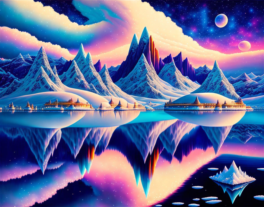 Fantasy Landscape: Snowy Peaks, Neon Hues, Multiple Moons