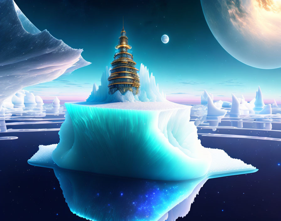 Fantastical landscape: Pagoda on iceberg under planetary sky