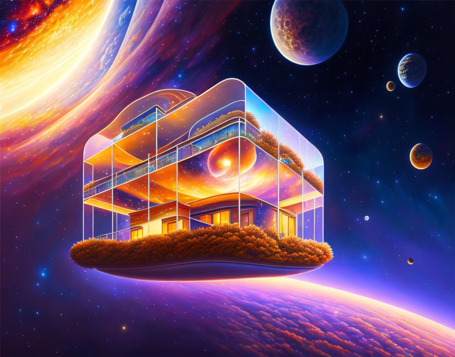 Glass house floating in space with planets and galaxy.