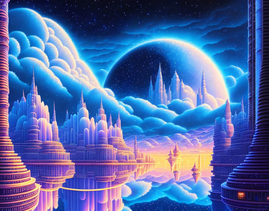 Fantastical cityscape digital artwork with spire-topped buildings and crescent moon