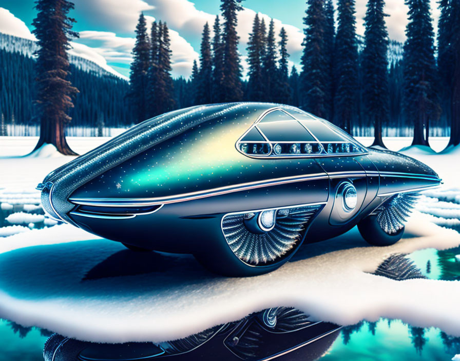 Futuristic spacecraft on snowy landscape with pine trees