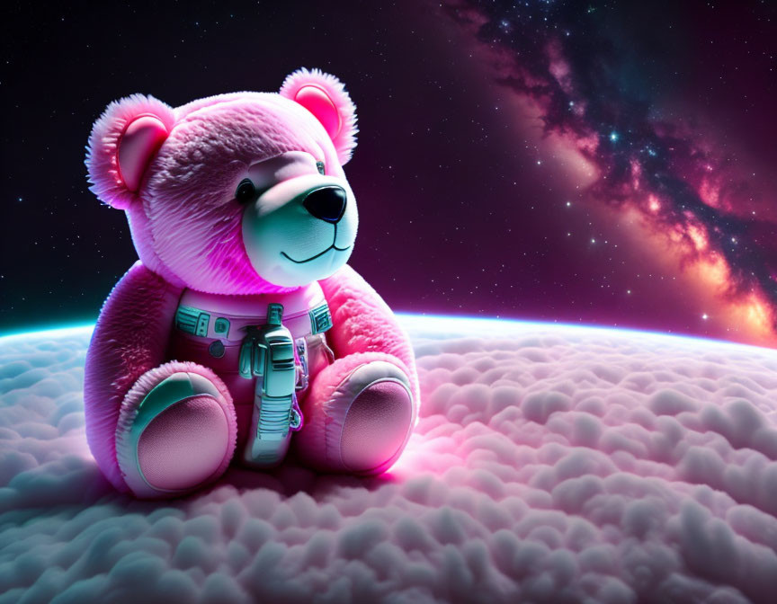 Plush Teddy Bear Astronaut on Cloud-Covered Planet