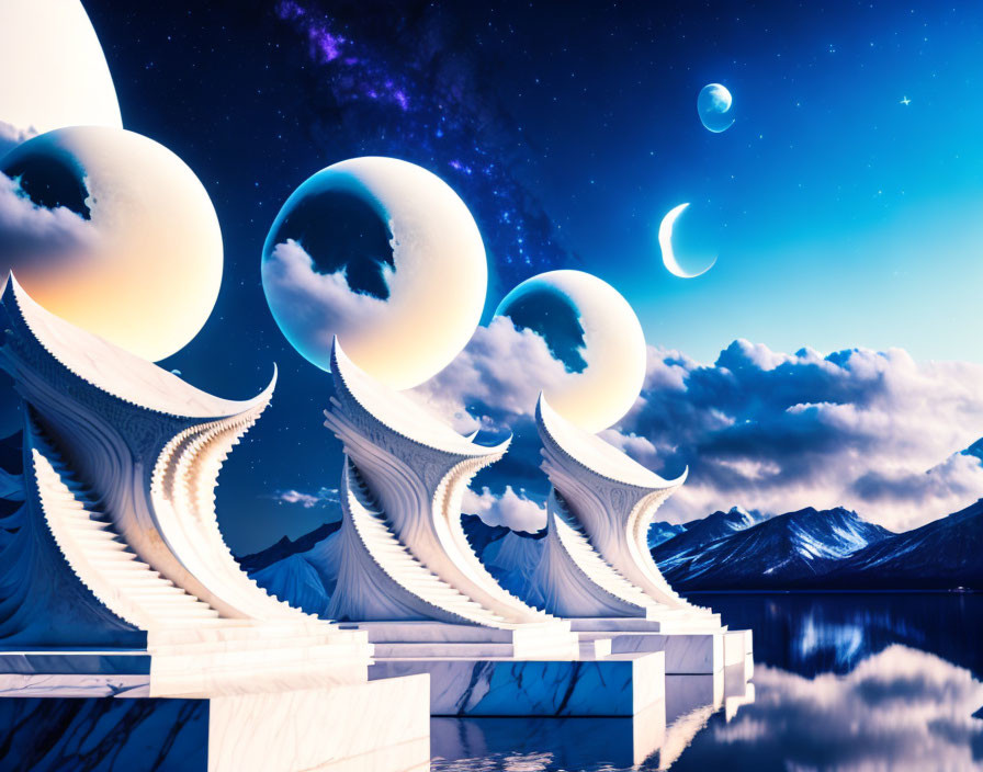 Fantastical landscape with multiple moons, wave-designed stair-like structures, reflective water, mountains, and