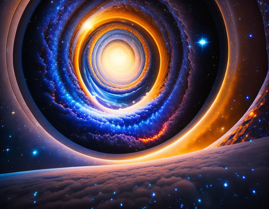 Colorful cosmic vortex with swirling star clouds and bright core in deep space.