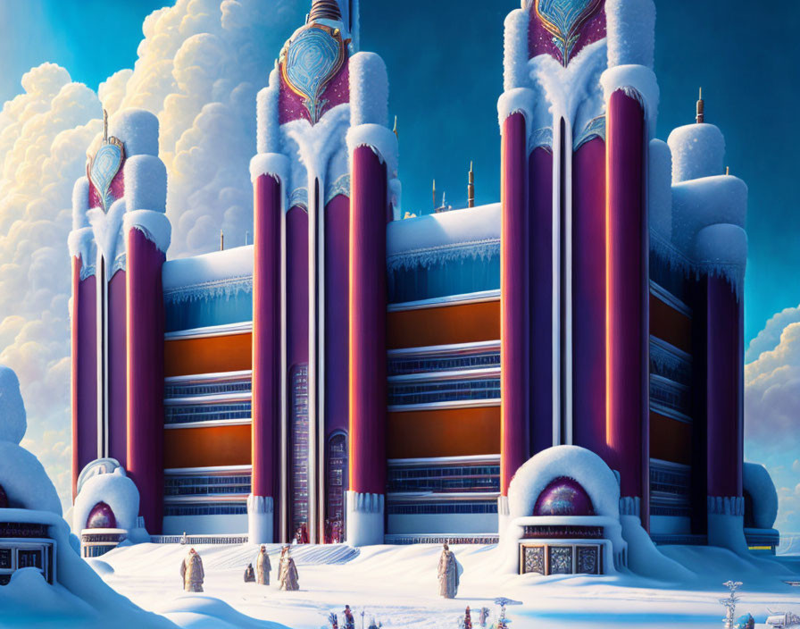 Fantastical snowy palace with crimson pillars and blue domes