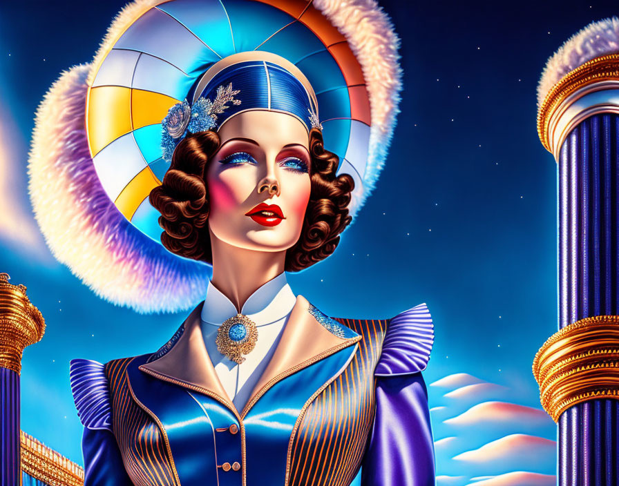 Stylized vintage portrait of woman in retro futuristic attire