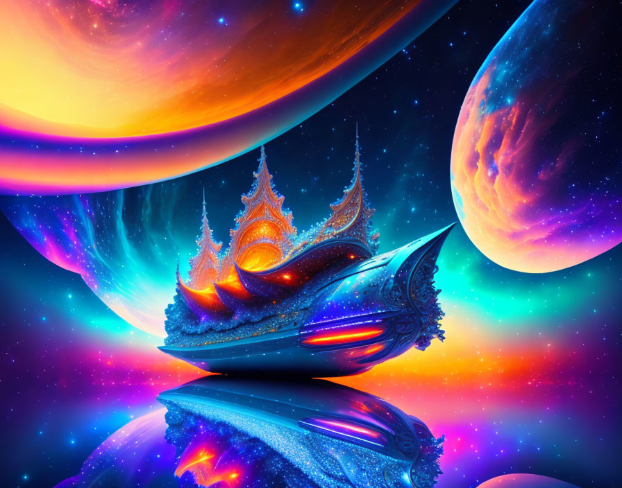 Colorful digital art: Ornate ships in cosmic scene