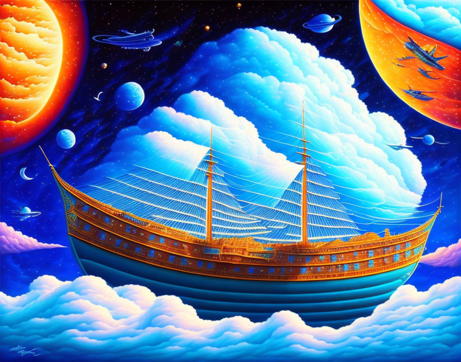 Fantastical painting: sailing ship with solar panel sails in space