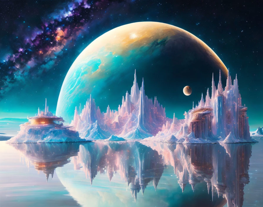 Sci-fi landscape with icy spires, large planet, and star-filled sky