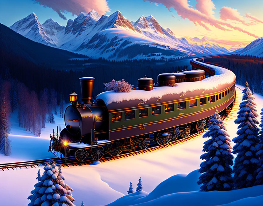 Vintage steam locomotive in snowy mountain landscape at dusk with vibrant sky colors reflected in river