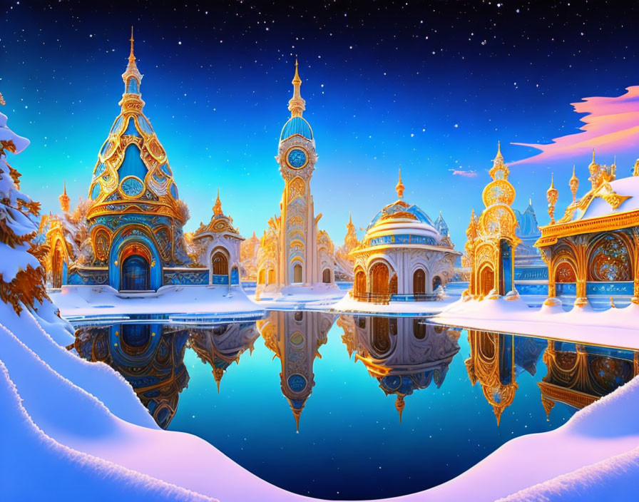 Golden-domed buildings reflected in icy river under twilight sky in fantastical winter scene