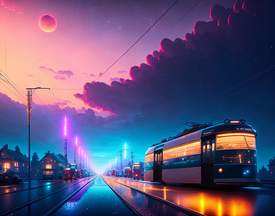 Tram moving under purple sky with eclipsed moon at dusk