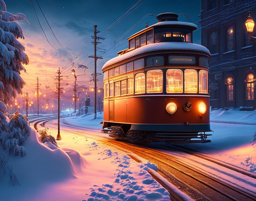 Vintage Tram on Snowy Tracks at Night in Urban Setting