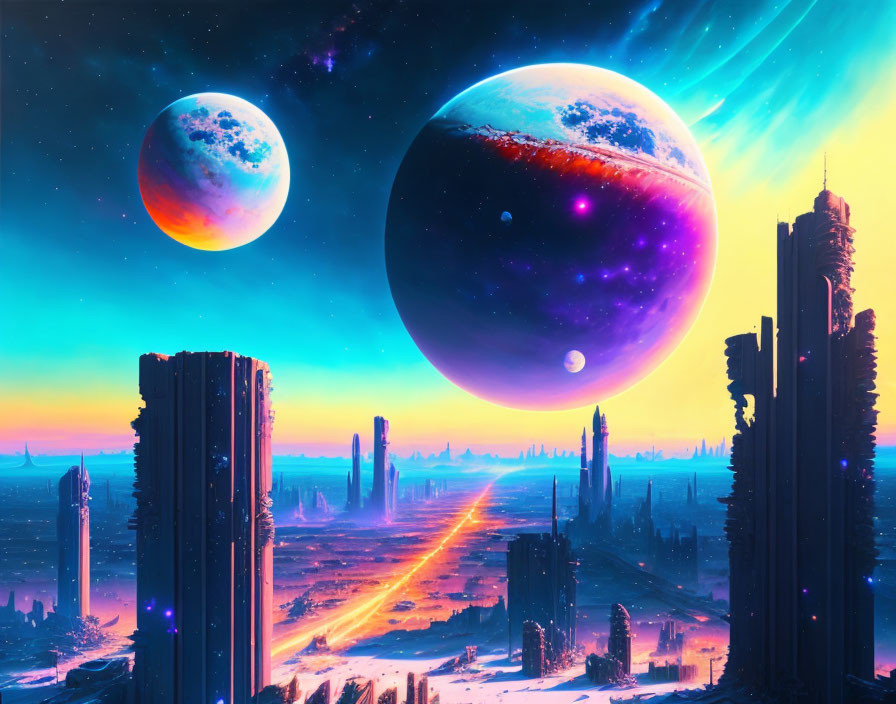 Futuristic sci-fi landscape with towering structures and cosmic sky