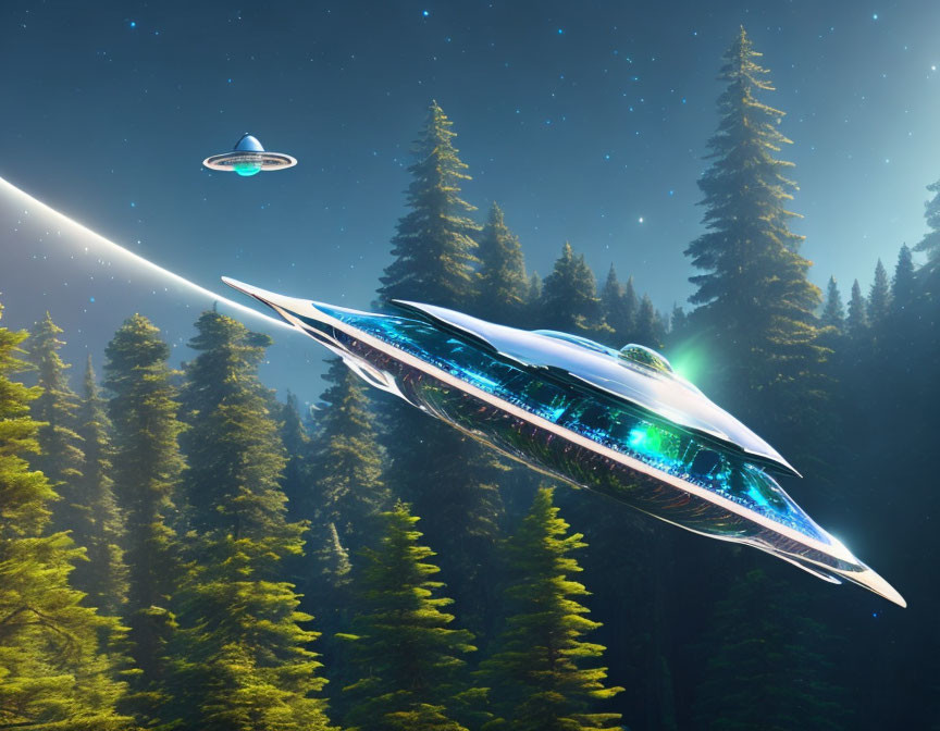 Metallic UFOs flying low over a forest at night with a light beam.