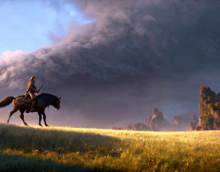 Warrior on Horseback Gazes over Vast Field at Dusk